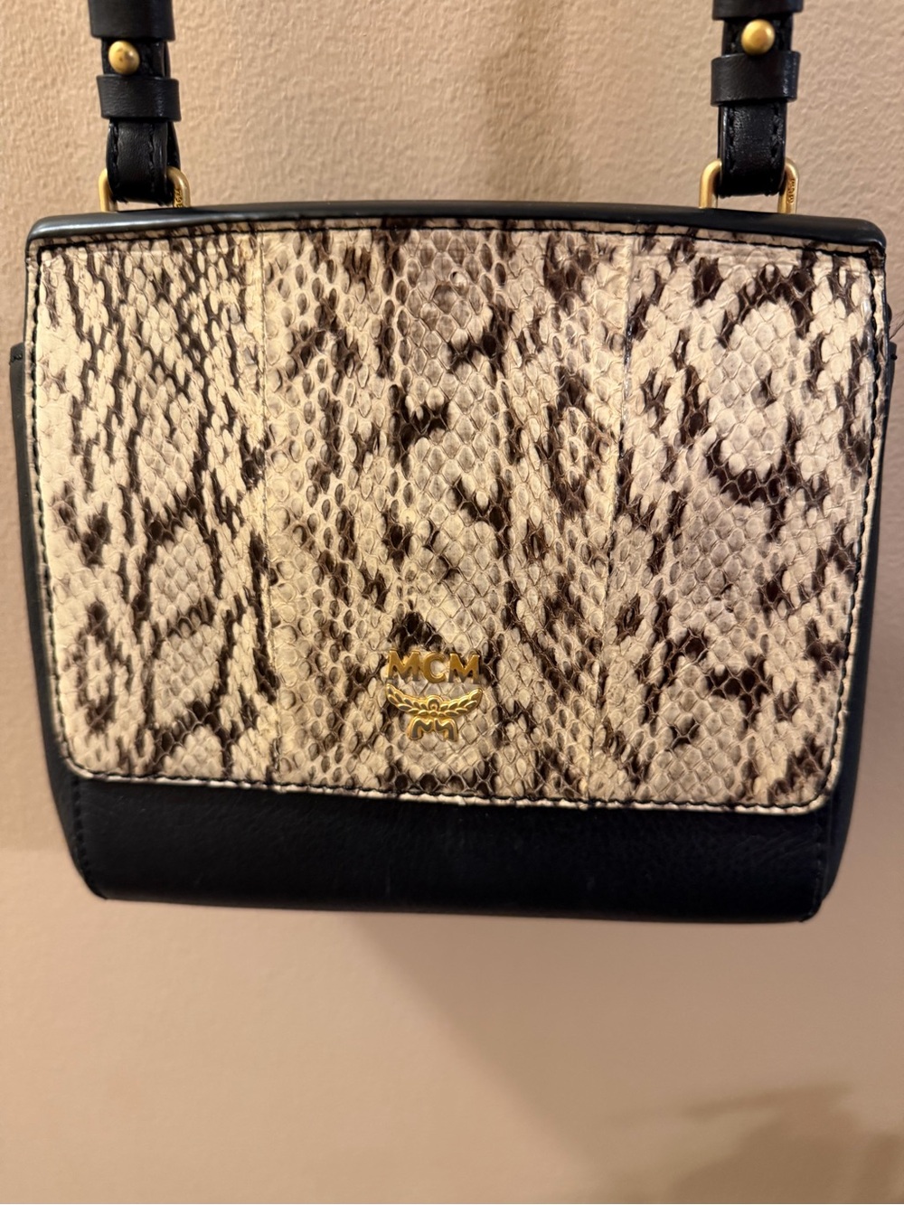 MCM Black & Cream Snake-Print Crossbody Bag with COA